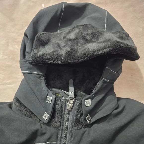 Mountain Hardwear Soft Shell Utility Moto Hooded Bomber jacket Coat black cozy S - Picture 12 of 15